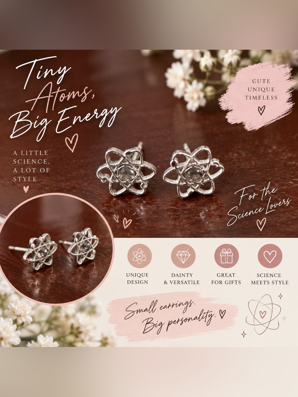Silver Atom Stud Earrings - Science Inspired Women’s Jewelry